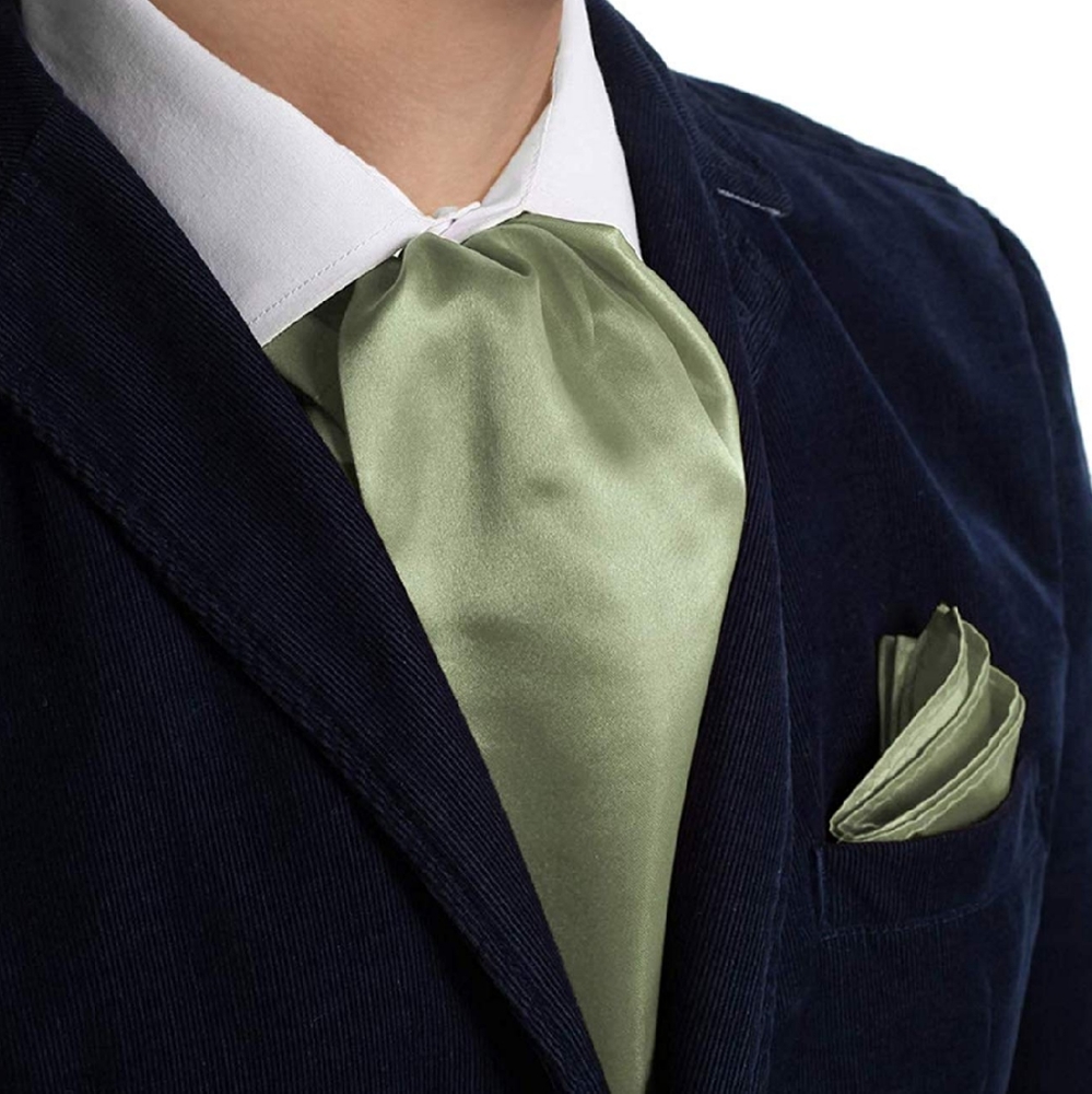 Mens Solid Color Ascot & Pocket Square Set Green